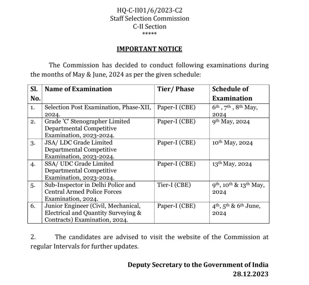 SSC Exam Calendar 2024 